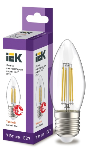 Лампа светодиодная C35 свеча прозрачная 7Вт 230В 3000К E27 серия 360° | код LLF-C35-7-230-30-E27-CL | IEK